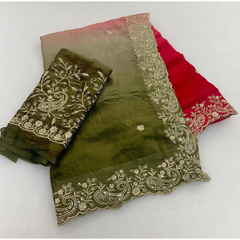 Women's Satin Embellished Saree With Unstitched Blouse 5.5Mtr (Multicolor)