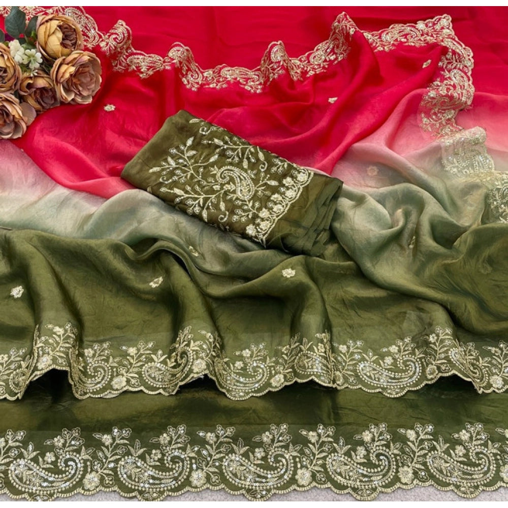 Women's Satin Embellished Saree With Unstitched Blouse 5.5Mtr (Multicolor)