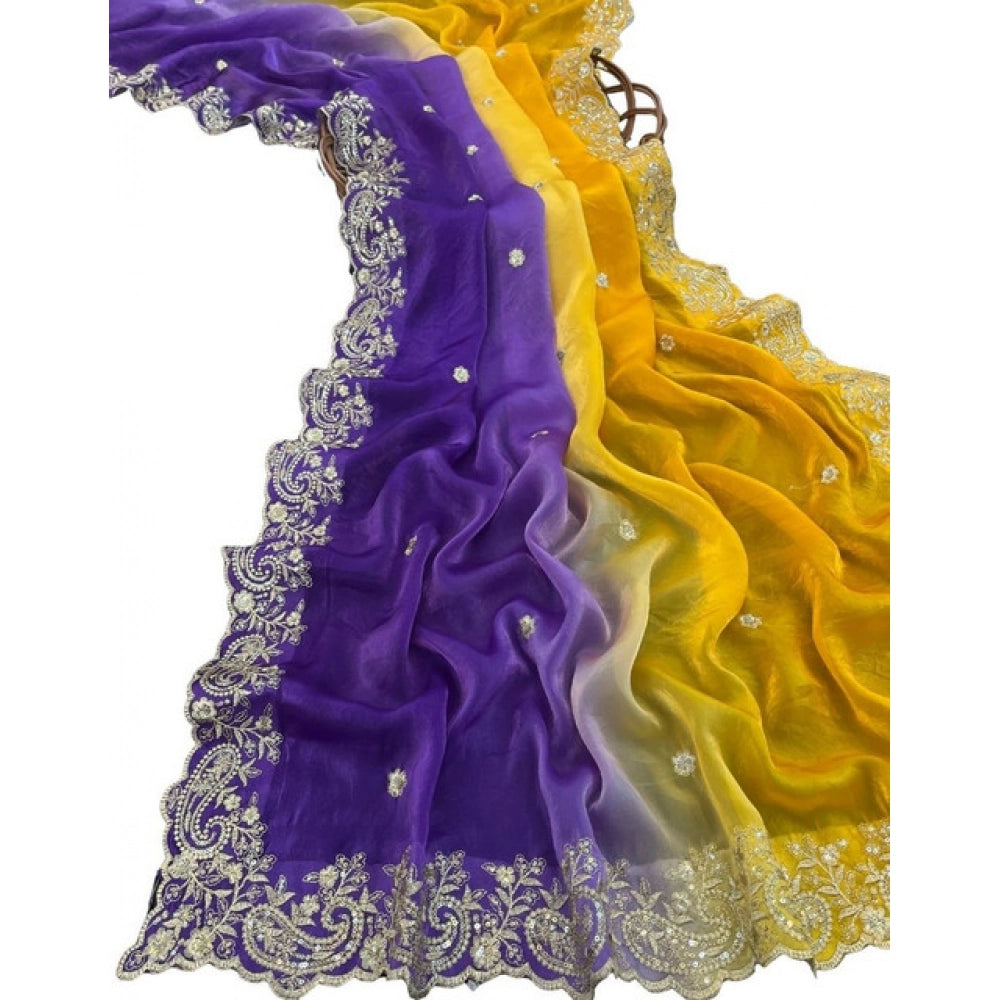 Women's Satin Embellished Saree With Unstitched Blouse 5.5Mtr (Multicolor)