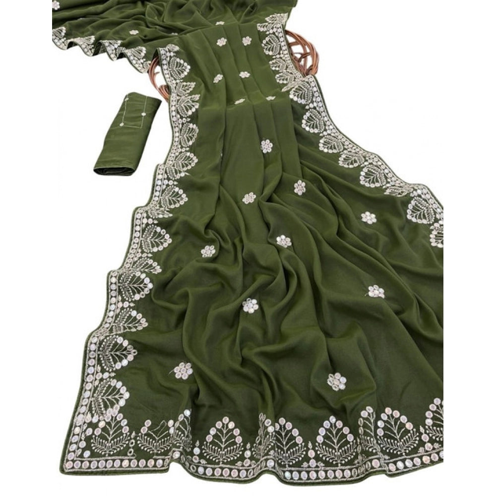 Women's Georgette Embellished Saree With Unstitched Blouse 5.5Mtr (Green)