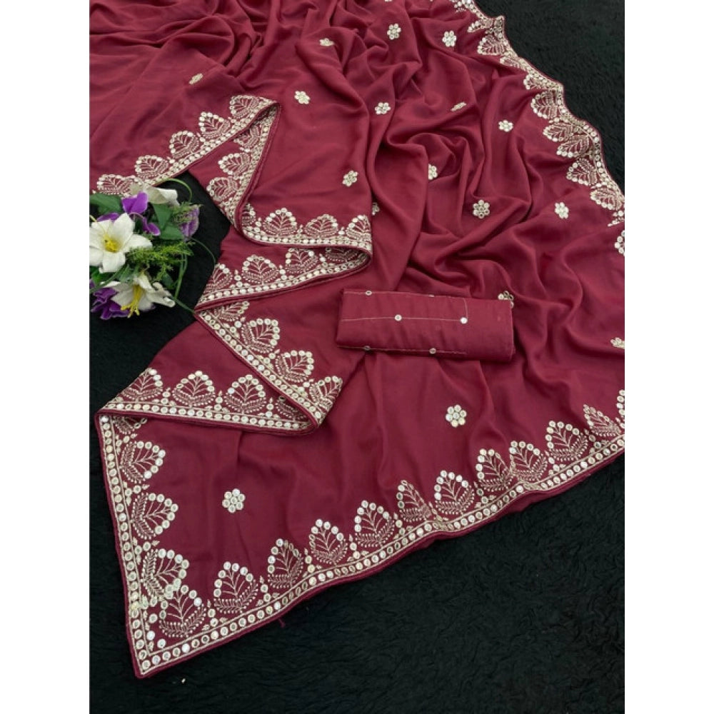 Women's Georgette Embellished Saree With Unstitched Blouse 5.5Mtr (Maroon)