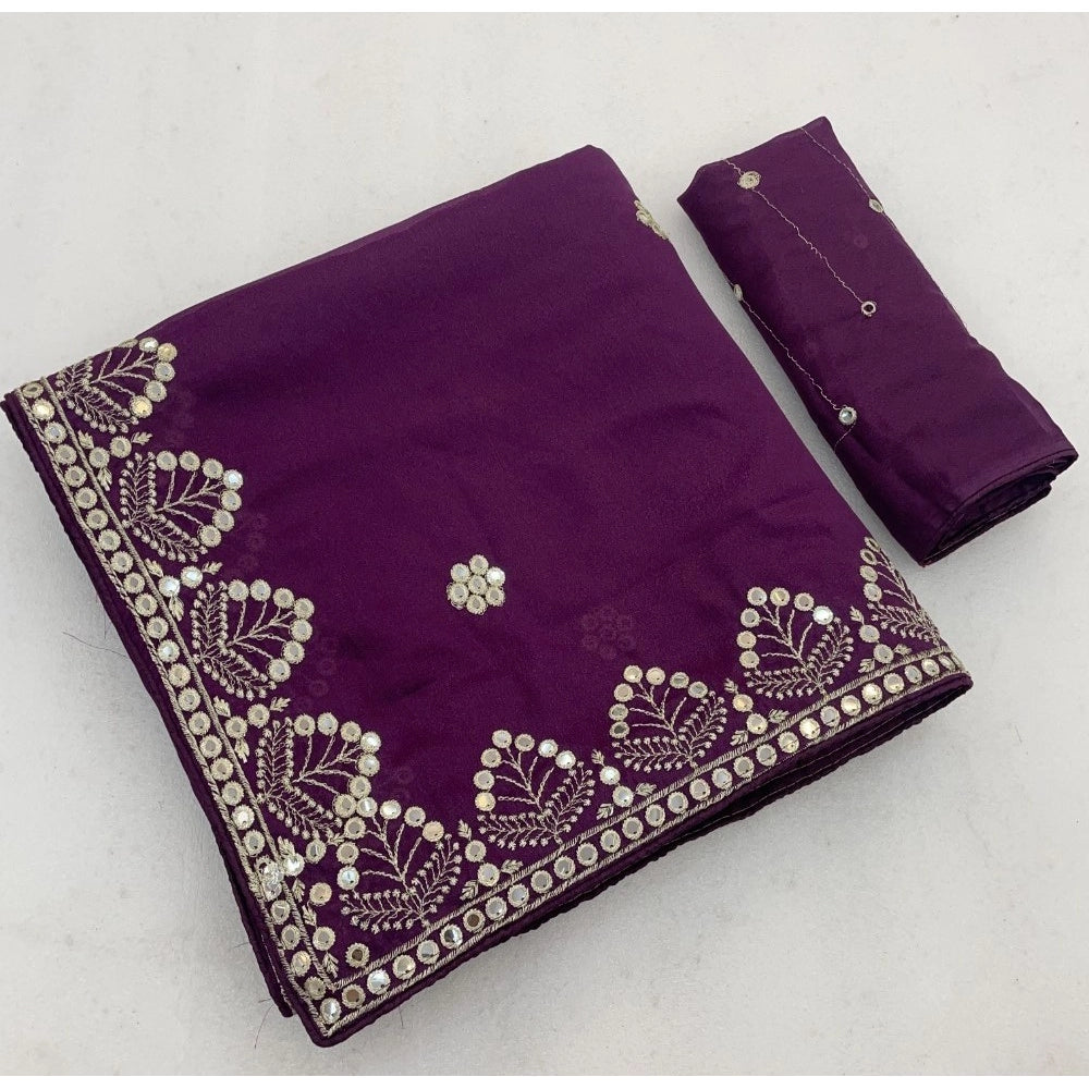 Women's Georgette Embellished Saree With Unstitched Blouse 5.5Mtr (Purple)