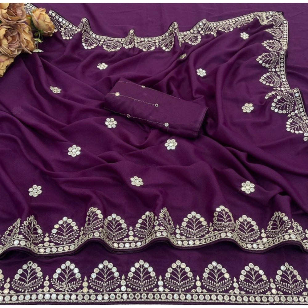 Women's Georgette Embellished Saree With Unstitched Blouse 5.5Mtr (Purple)