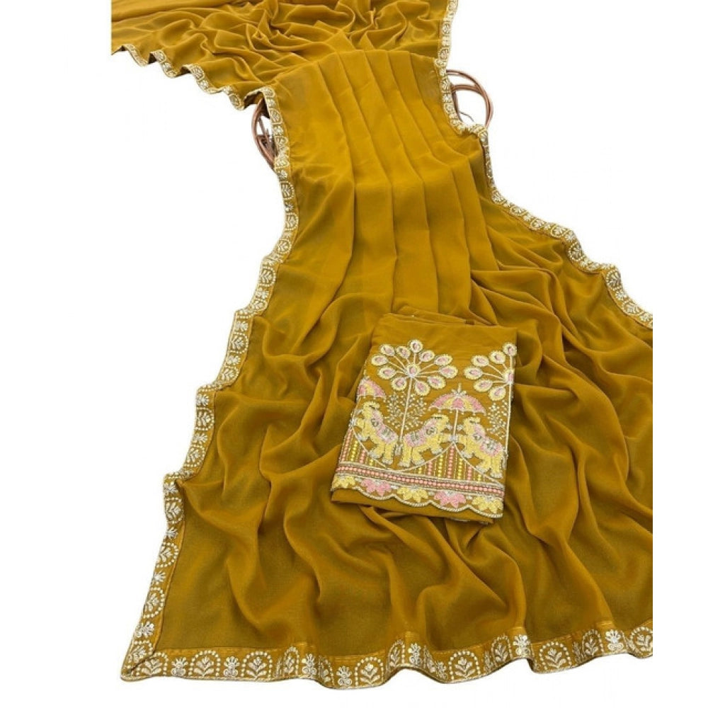 Women's Art Silk Embroidered Saree With Unstitched Blouse 5.5Mtr (Yellow)