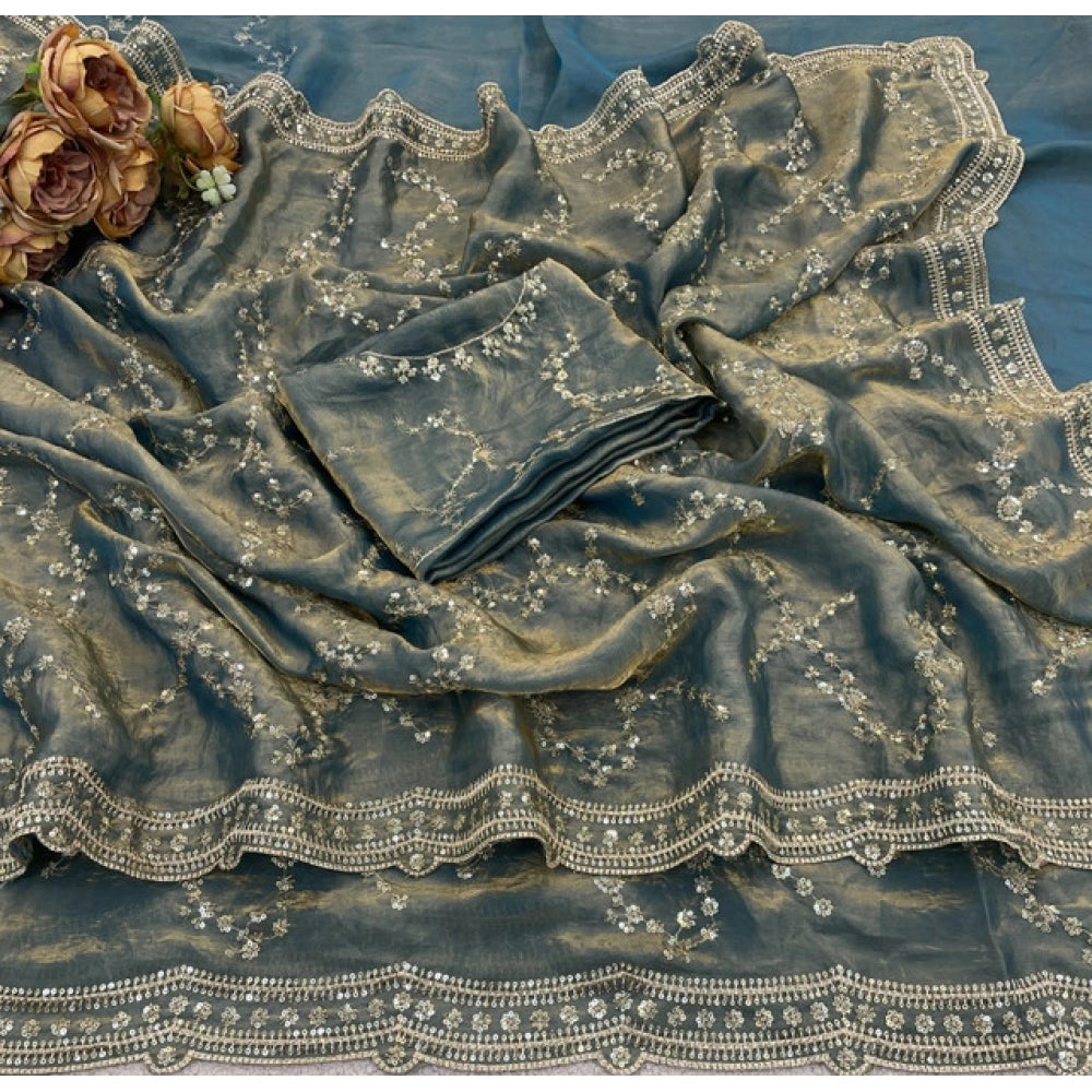 Women's Silk Embellished Saree With Unstitched Blouse 5.5Mtr (Grey)