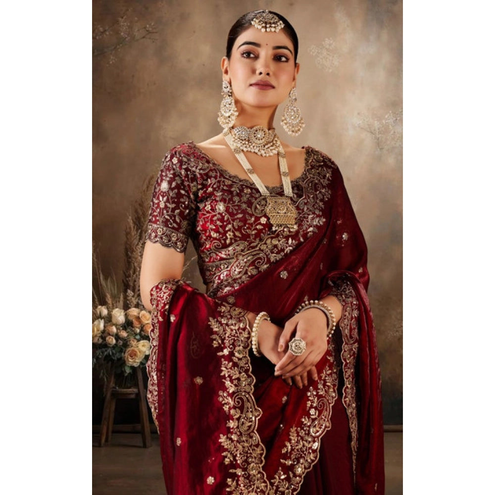 Women's Silk Embroidered Saree With Unstitched Blouse 5.5Mtr (Maroon)