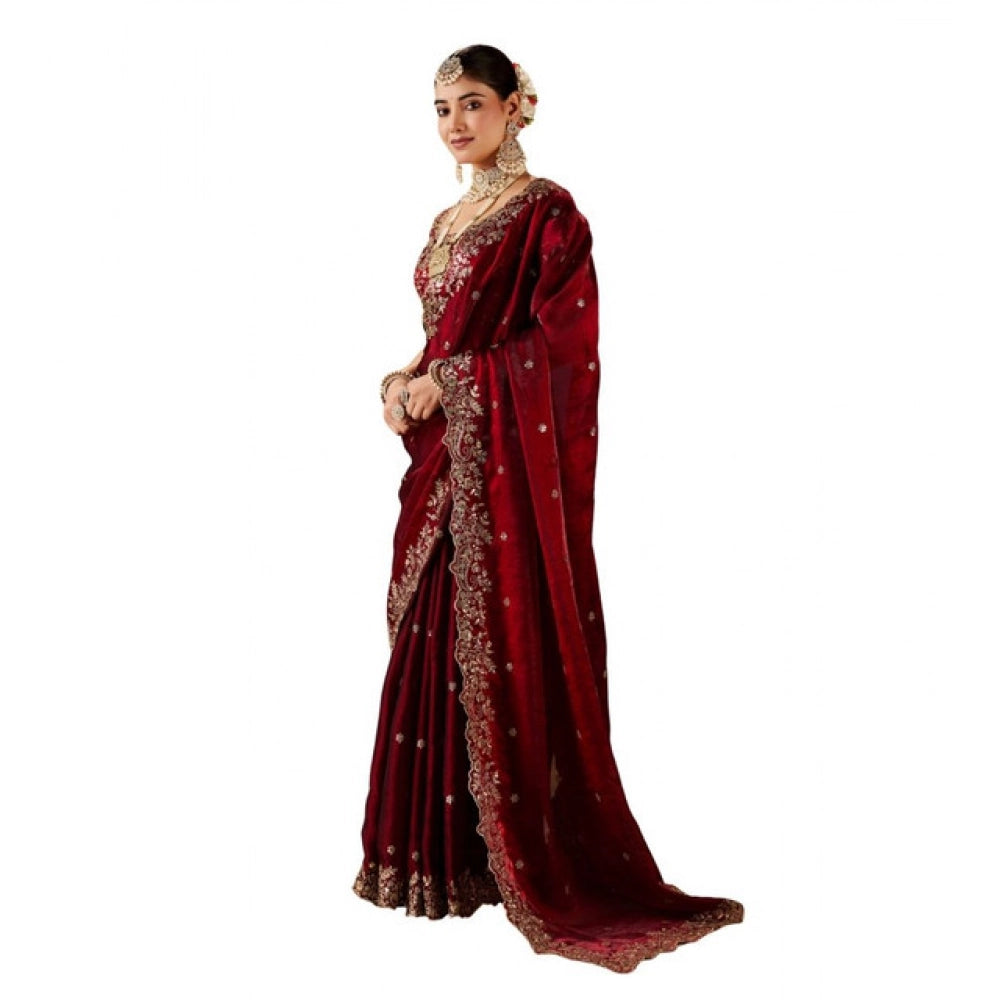 Women's Silk Embroidered Saree With Unstitched Blouse 5.5Mtr (Maroon)
