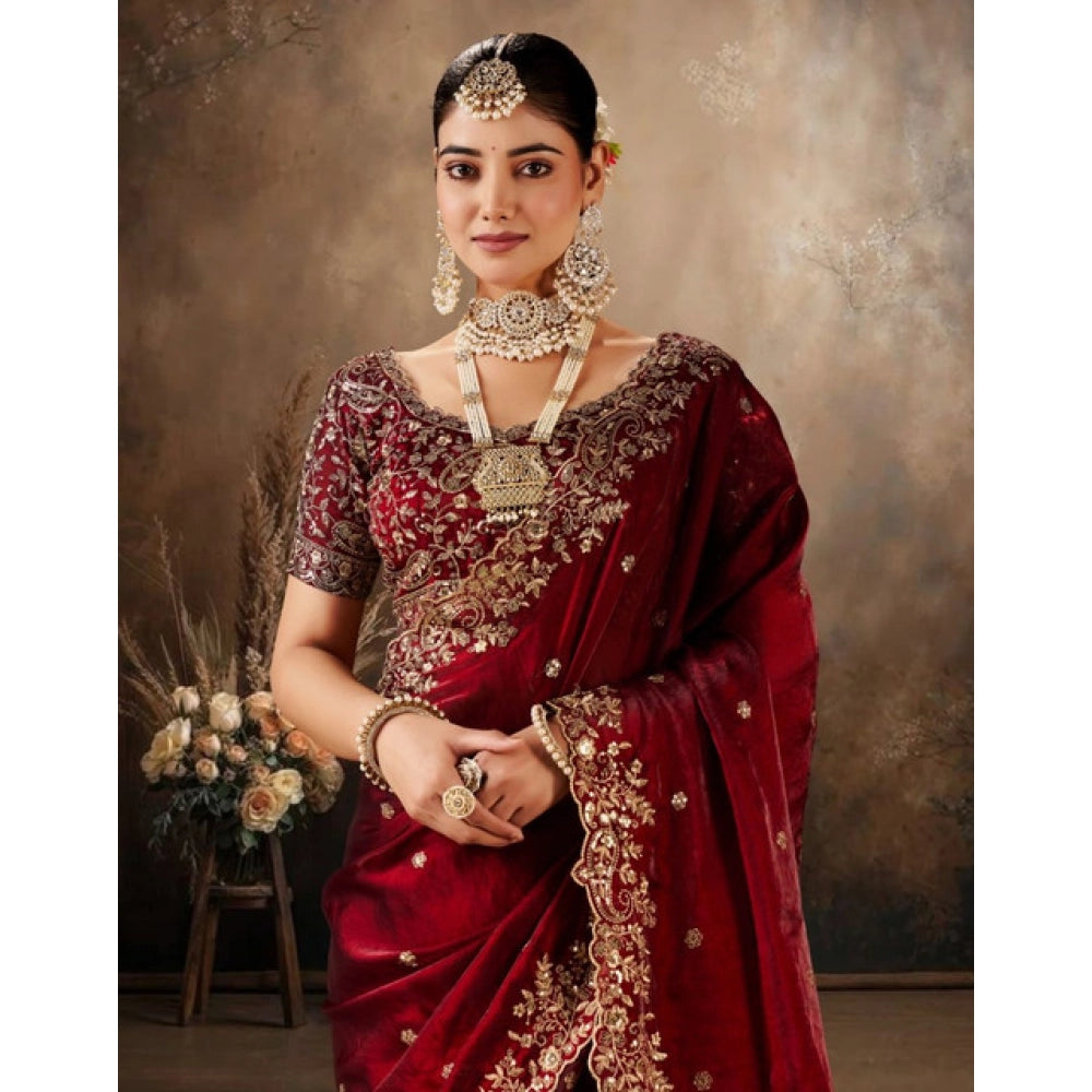 Women's Silk Embroidered Saree With Unstitched Blouse 5.5Mtr (Maroon)