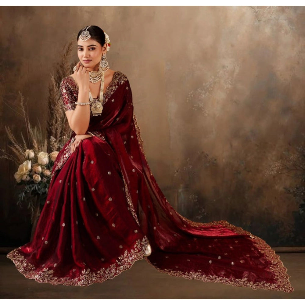 Women's Silk Embroidered Saree With Unstitched Blouse 5.5Mtr (Maroon)