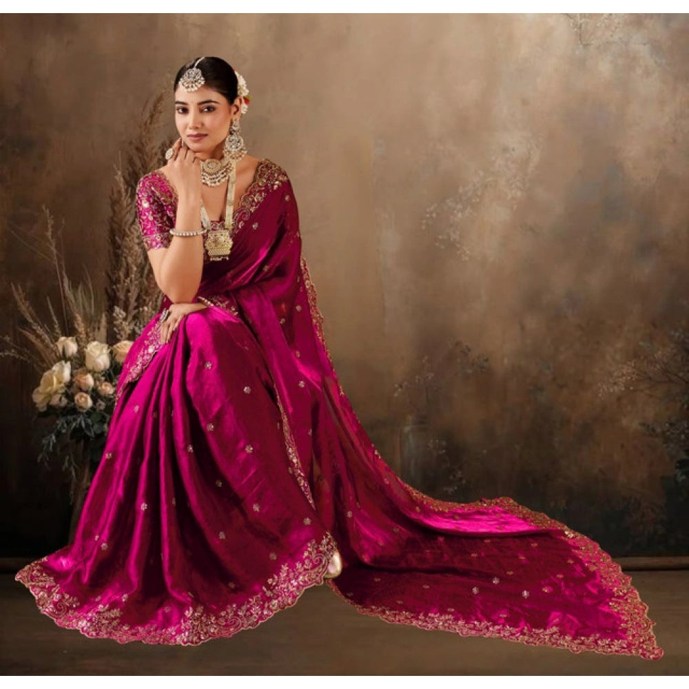 Women's Silk Embroidered Saree With Unstitched Blouse 5.5Mtr (Pink)