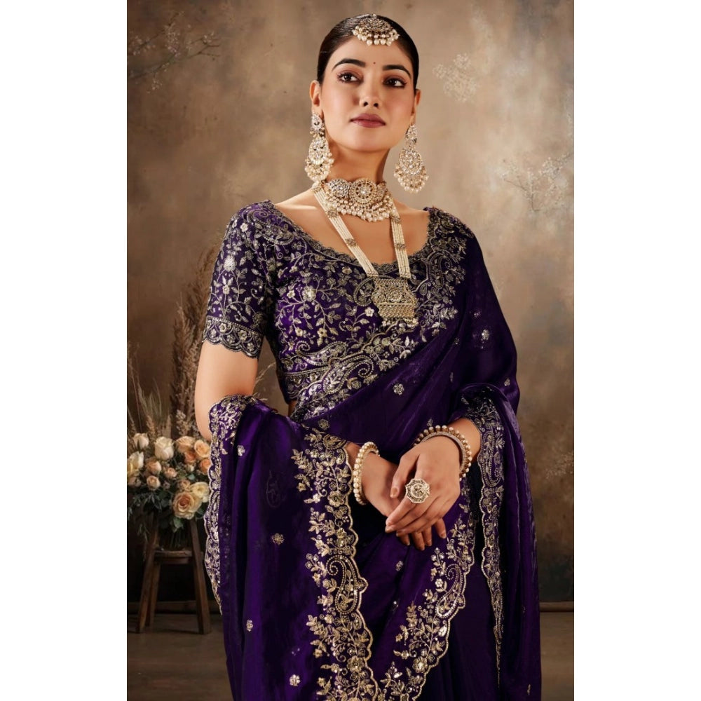 Women's Silk Embroidered Saree With Unstitched Blouse 5.5Mtr (Purple)