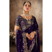 Women's Silk Embroidered Saree With Unstitched Blouse 5.5Mtr (Purple)