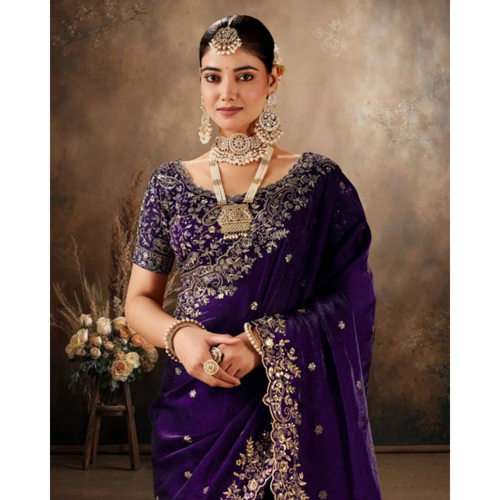 Women's Silk Embroidered Saree With Unstitched Blouse 5.5Mtr (Purple)