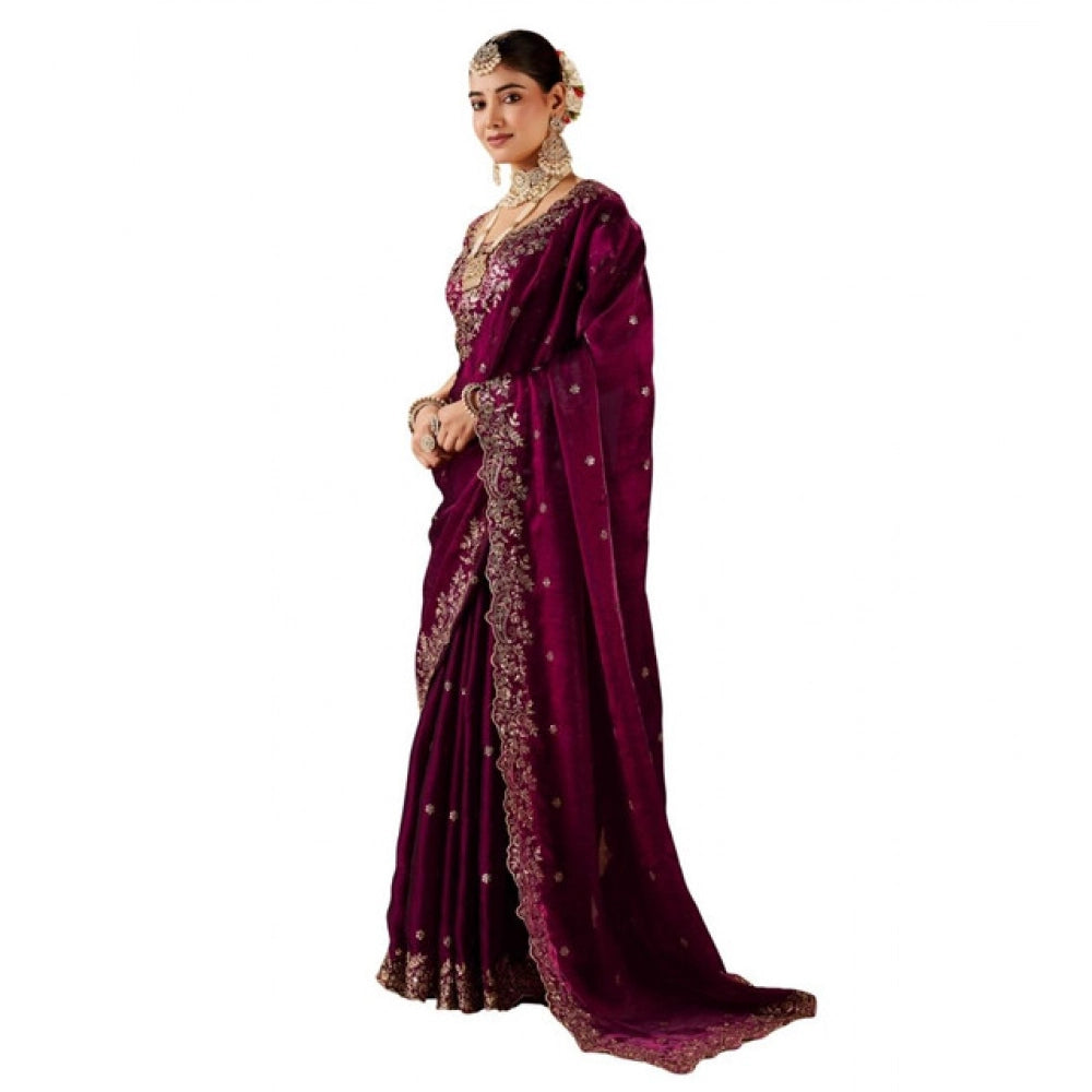 Women's Silk Embroidered Saree With Unstitched Blouse 5.5Mtr (Wine)