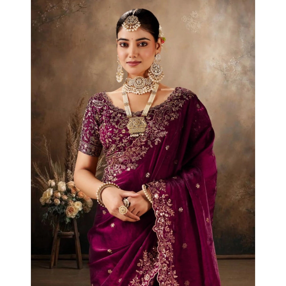 Women's Silk Embroidered Saree With Unstitched Blouse 5.5Mtr (Wine)