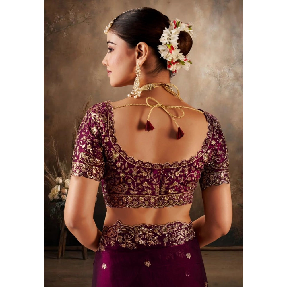 Women's Silk Embroidered Saree With Unstitched Blouse 5.5Mtr (Wine)