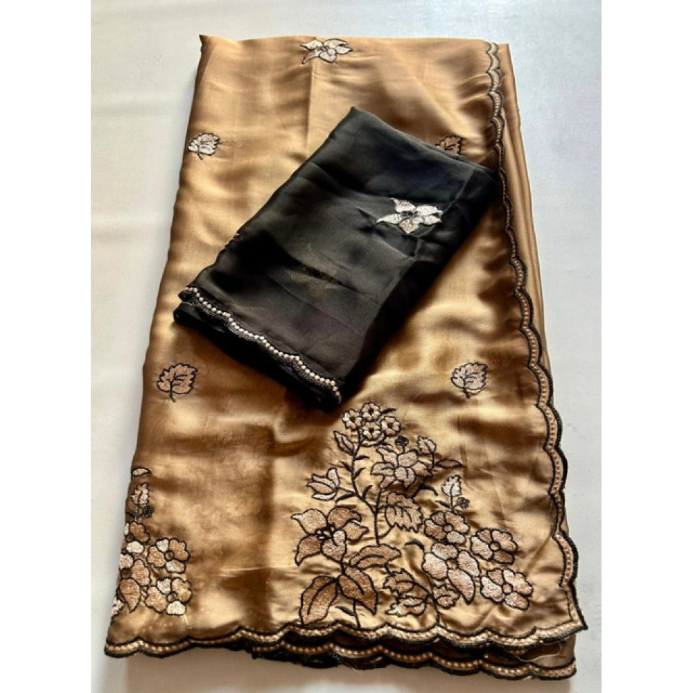 Women's Viscose Silk Embroidered Saree With Unstitched Blouse 5.5Mtr (Brown)
