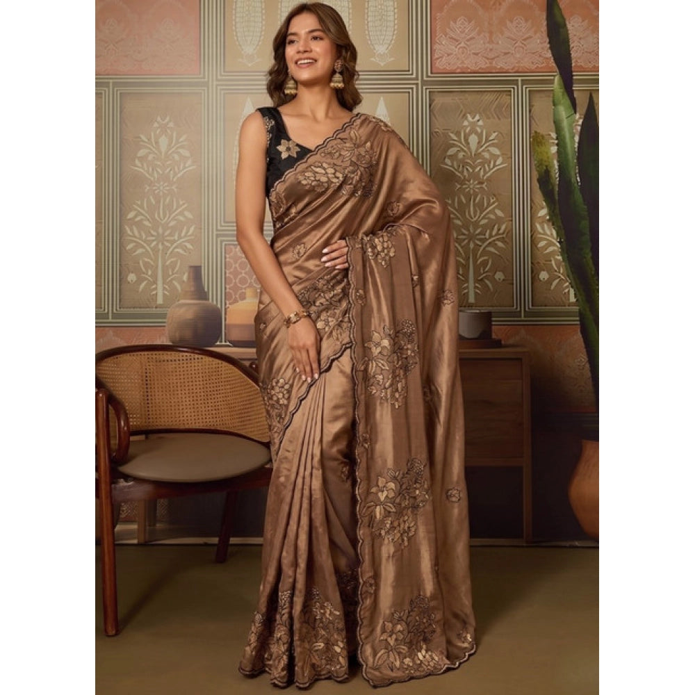 Women's Viscose Silk Embroidered Saree With Unstitched Blouse 5.5Mtr (Brown)