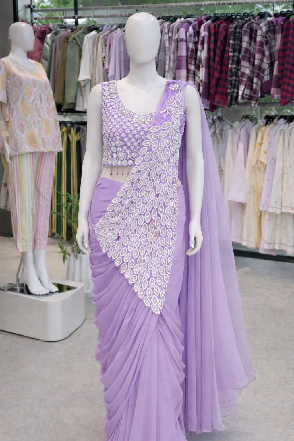 Trending Embroidery Sequence work Ready to Wear Saree Set with Embroidery Blouse