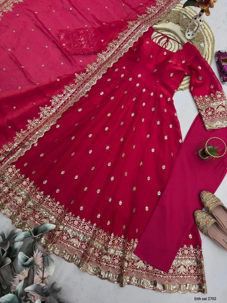 Designer Fendy Silk Embroidery Party Wear Gown Set