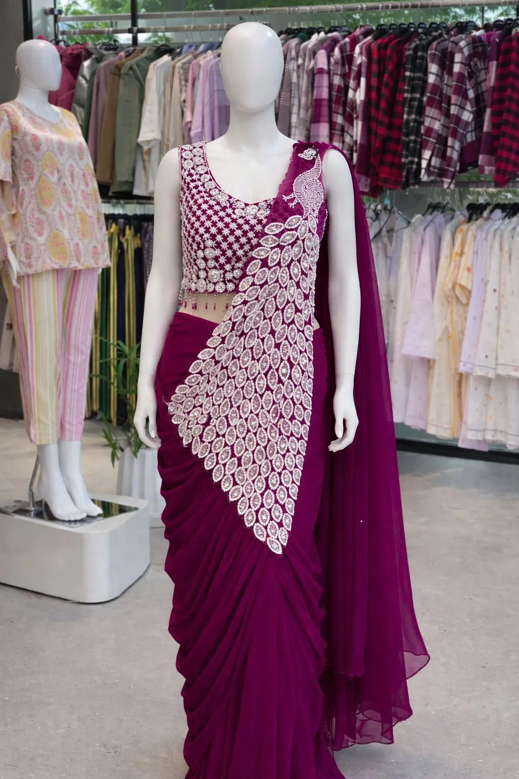 Trending Embroidery Sequence work Ready to Wear Saree Set with Embroidery Blouse