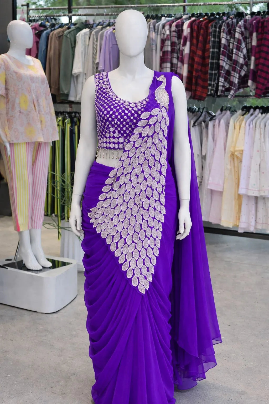 Trending Embroidery Sequence work Ready to Wear Saree Set with Embroidery Blouse