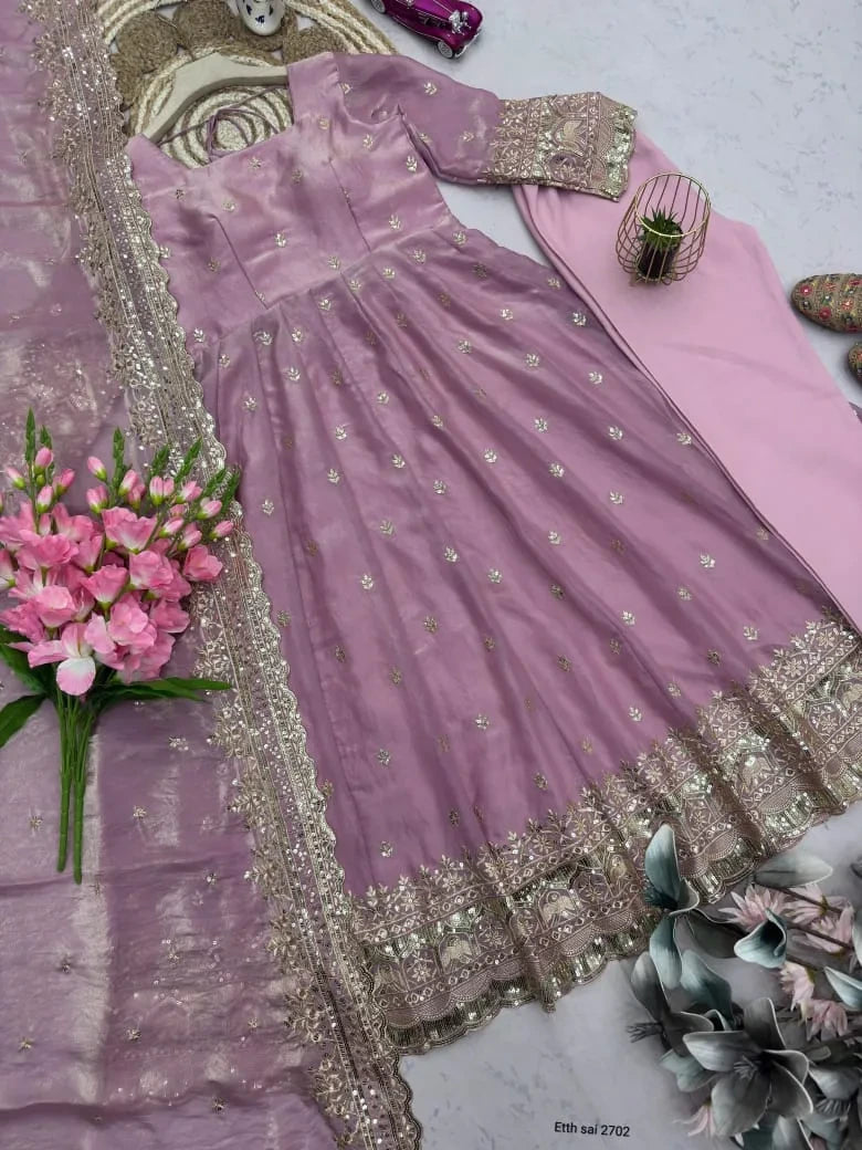 Designer Fendy Silk Embroidery Party Wear Gown Set