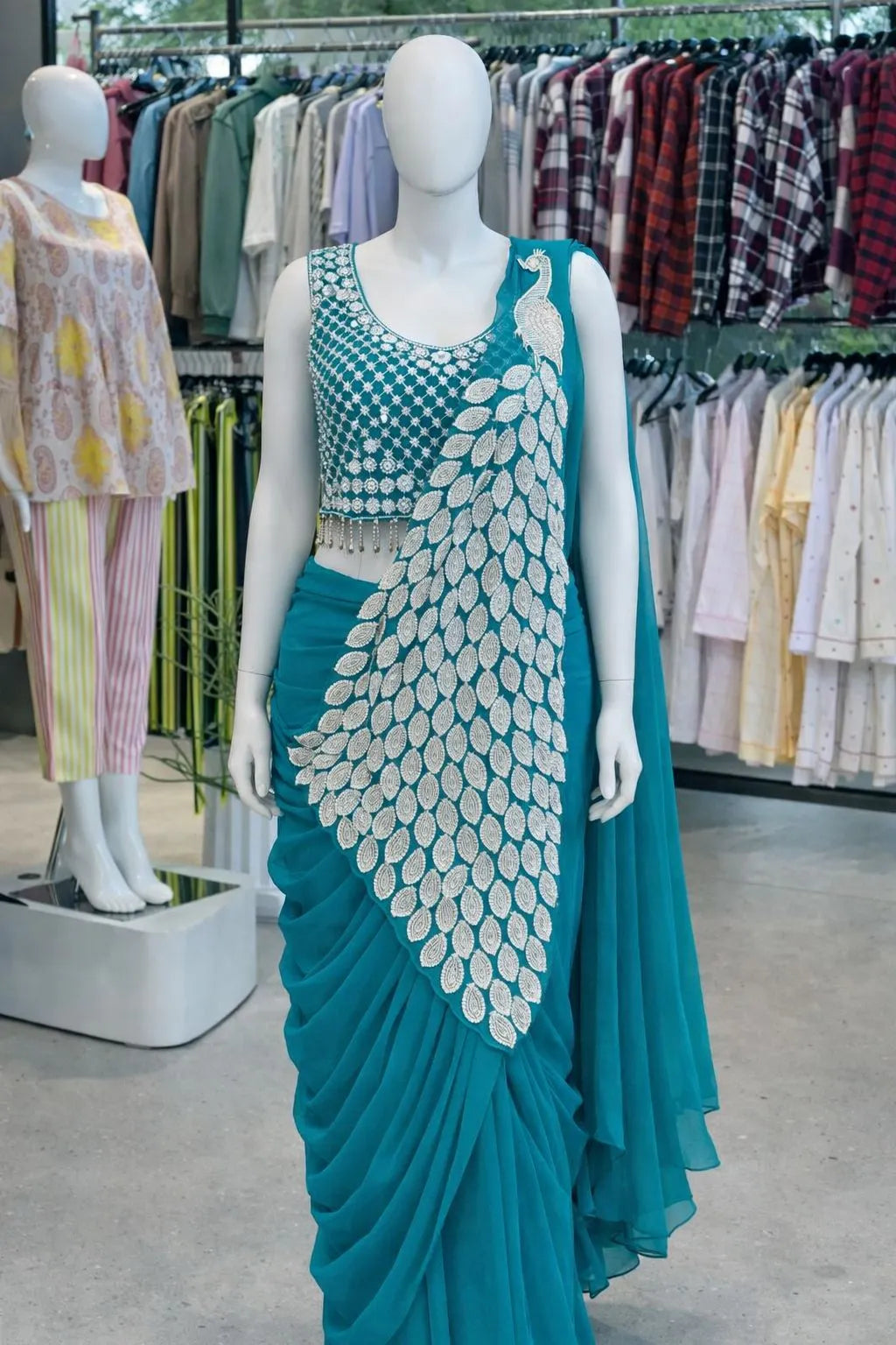 Trending Embroidery Sequence work Ready to Wear Saree Set with Embroidery Blouse