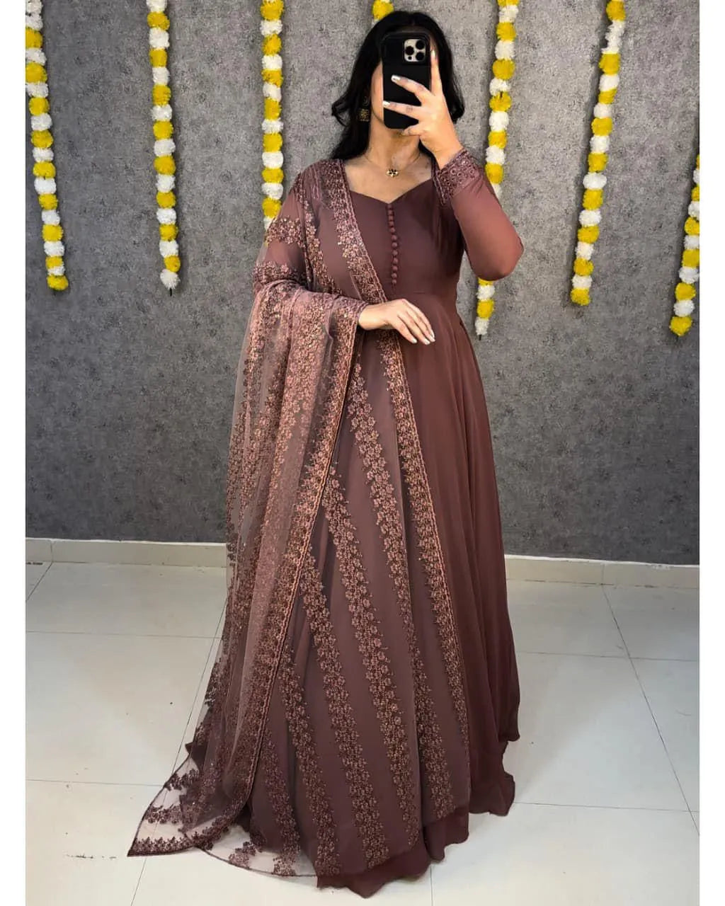 Premium Faux Georgette Gown With Embroidery Dupatta