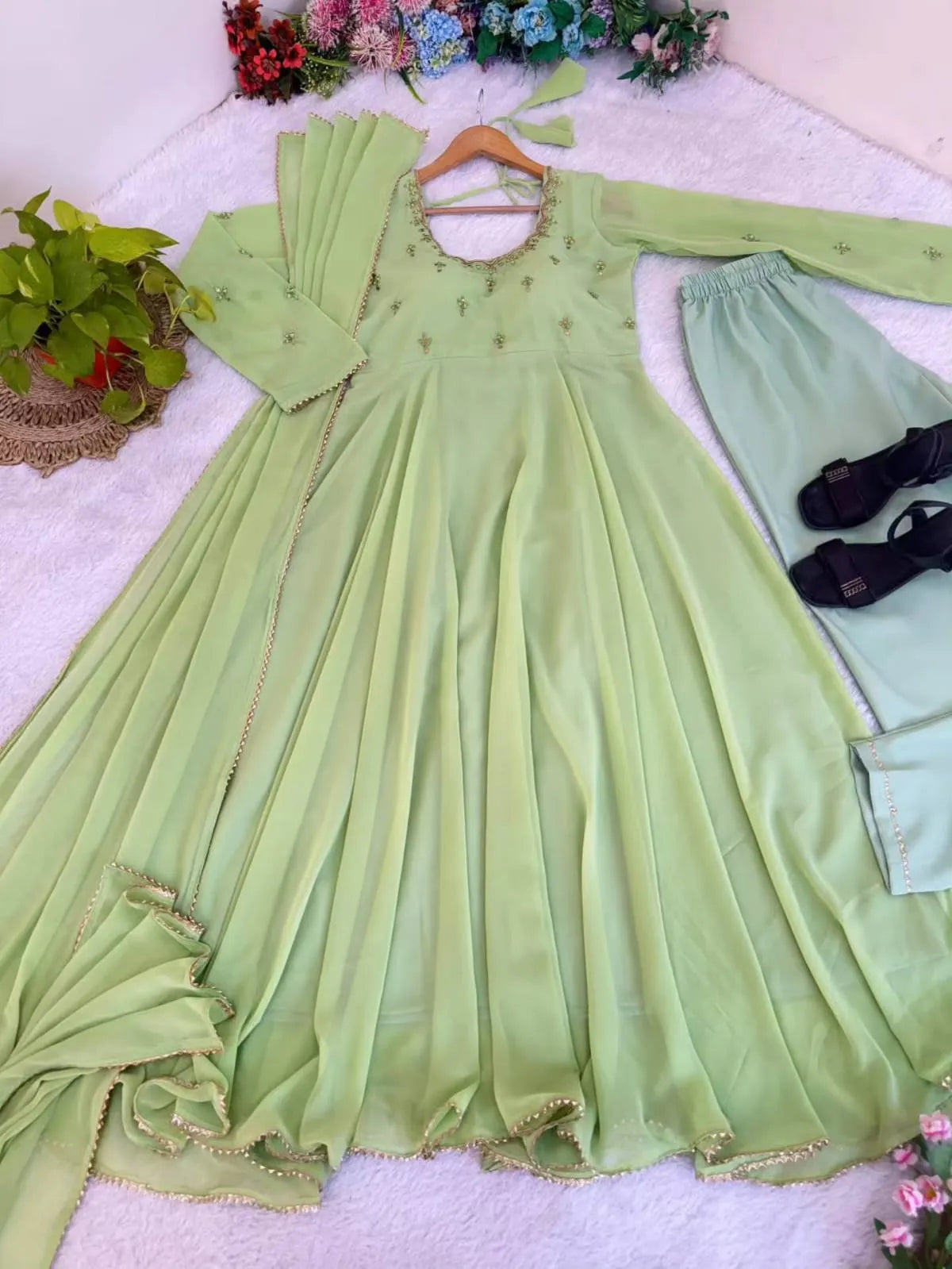 Premium Georgette Minnale Anarkali Set With Bottom & Dupatta