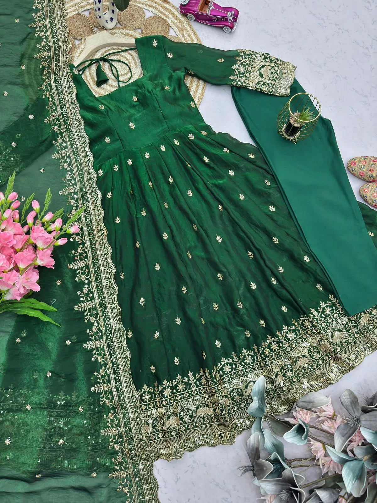Designer Fendy Silk Embroidery Party Wear Gown Set