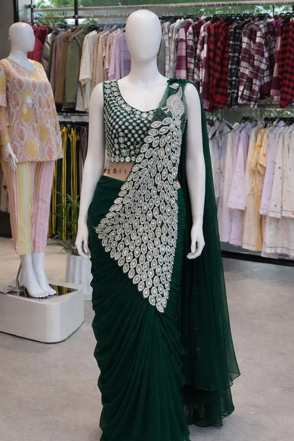 Trending Embroidery Sequence work Ready to Wear Saree Set with Embroidery Blouse