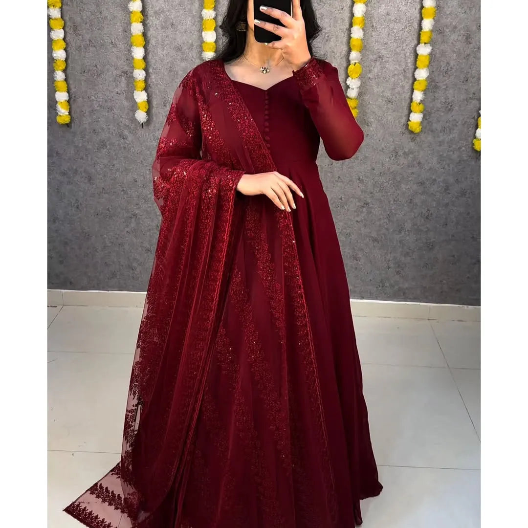 Premium Faux Georgette Gown With Embroidery Dupatta
