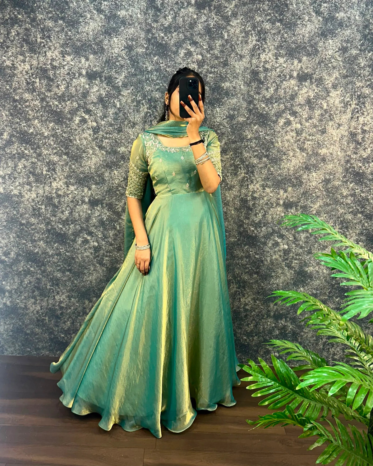 Luxurious Premium Fendy Satin Embroidery Work Gown With Dupatta
