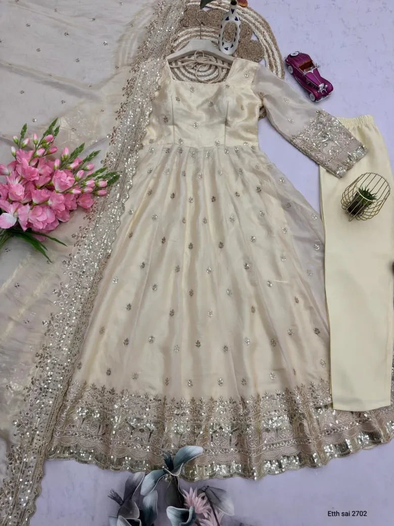 Designer Fendy Silk Embroidery Party Wear Gown Set