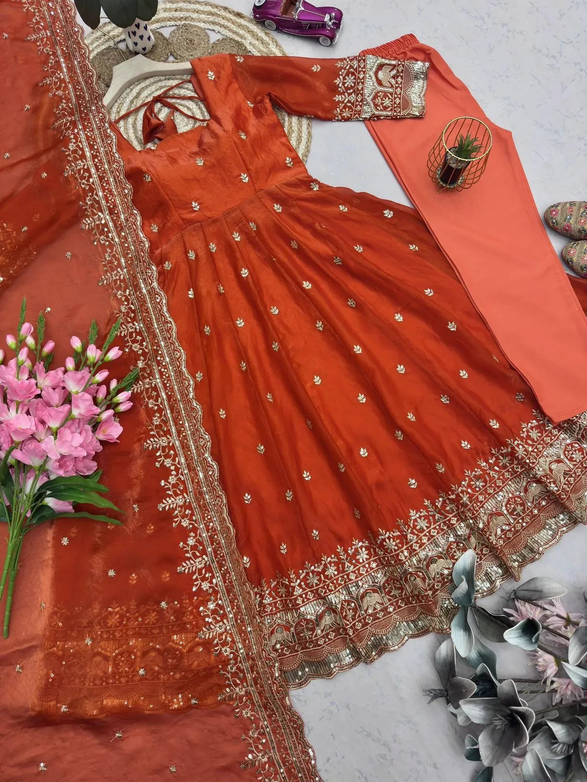Designer Fendy Silk Embroidery Party Wear Gown Set