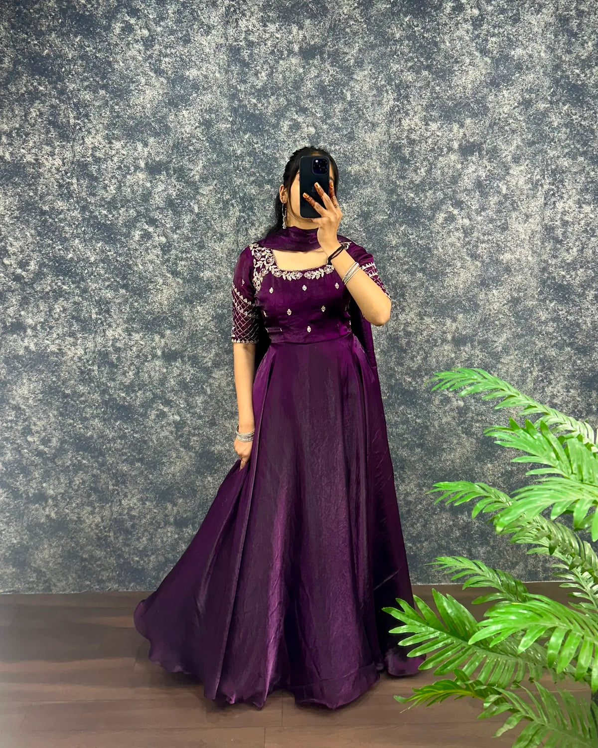 Luxurious Premium Fendy Satin Embroidery Work Gown With Dupatta