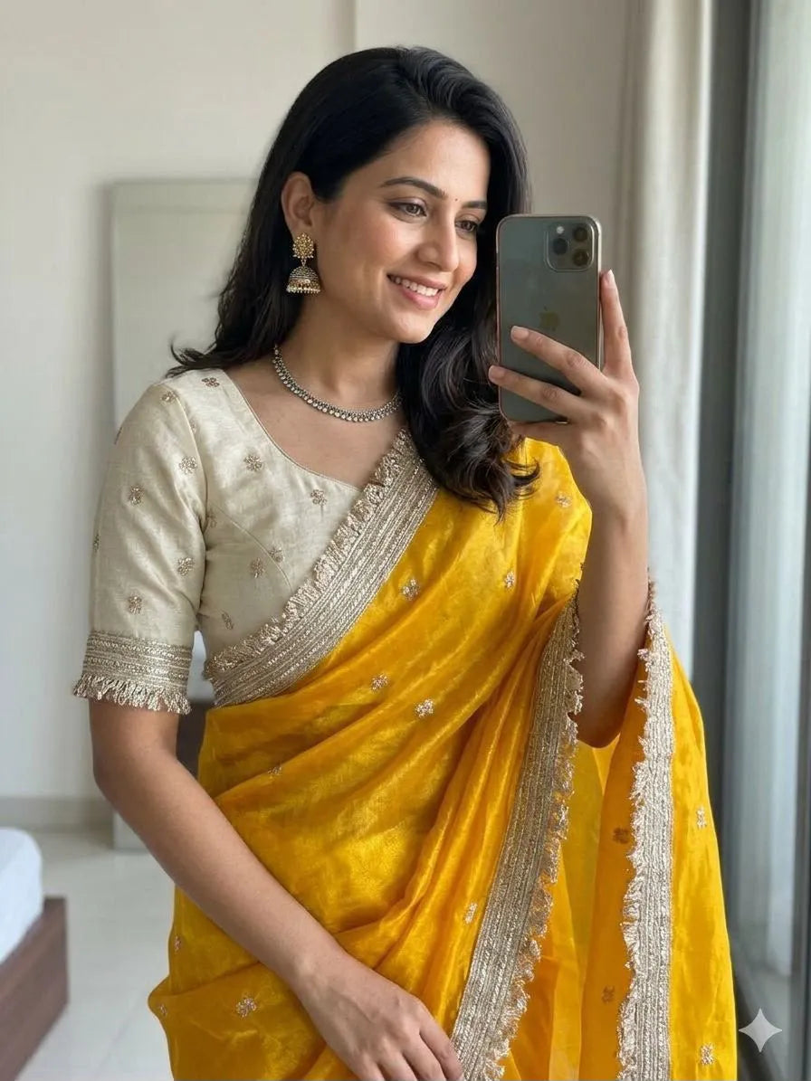 Insta Viral Space Silk Saree Multi Sequence Full Worked With Contrast Blouse