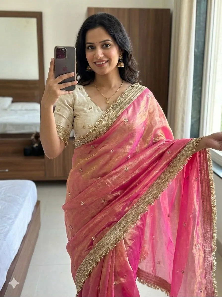 Insta Viral Space Silk Saree Multi Sequence Full Worked With Contrast Blouse